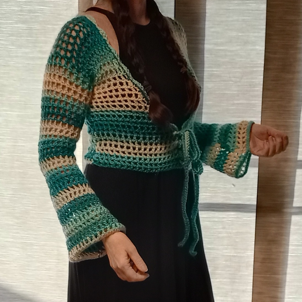 Handmade Crochet Striped Cardigan With Bell Sleeves